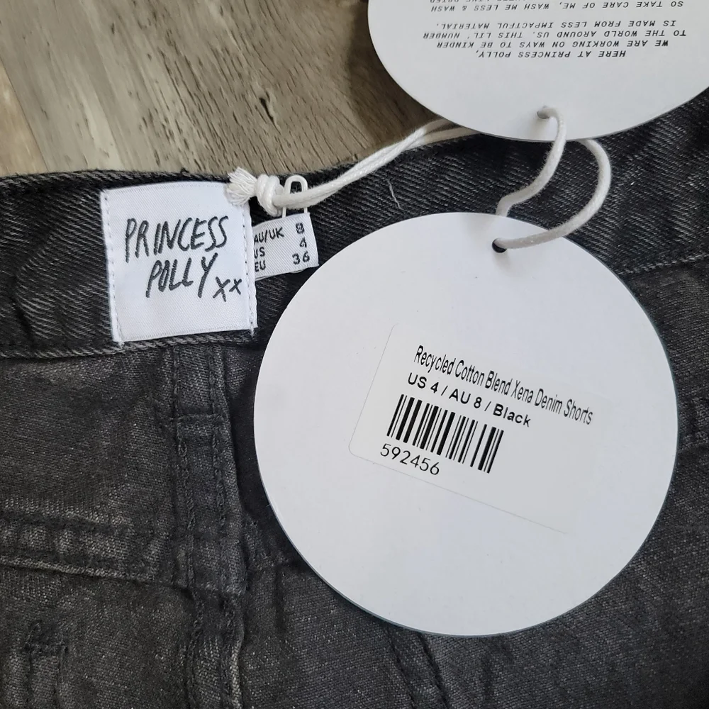 New Princess Polly Recycled Cotton Blend Xena Long Black Denim Shorts Size 4